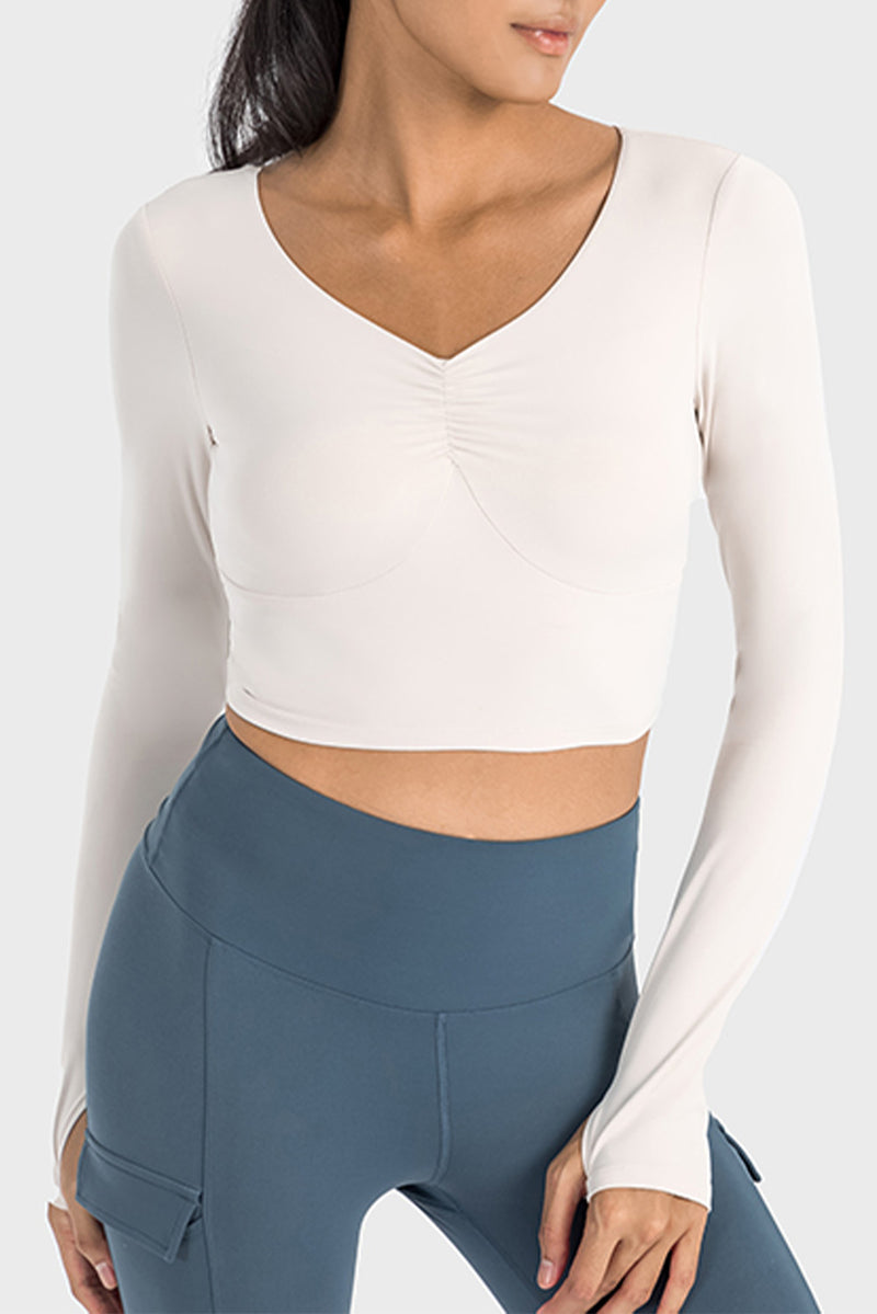 White V Neck Long Sleeve Cropped Sports Top