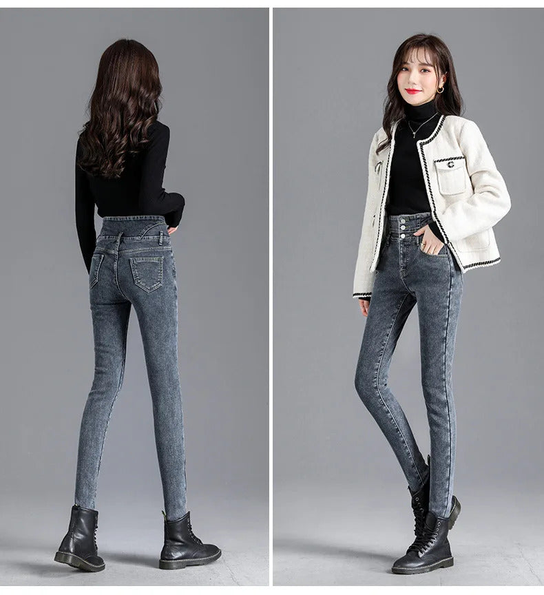 Thermal Winter Thick Fleece High-waist Warm Skinny Jeans Thick Women Stretch Button Pencil Pants Mom Casual Velvet Jeans