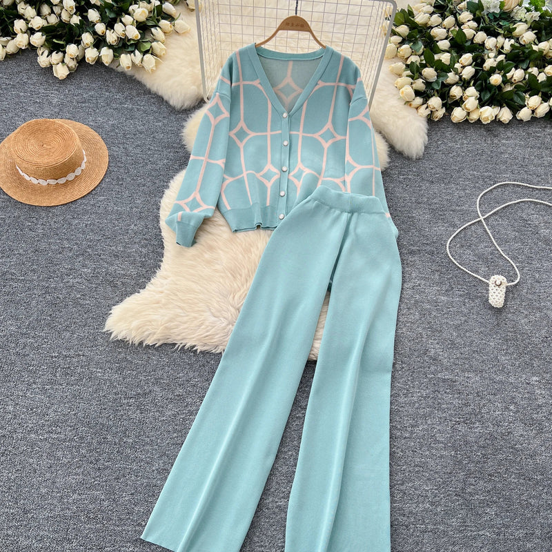 SINGREINY Basics Print Knit Two Pieces Sets Autumn Winter Single Breasted Cardigan+Wide Leg Long Pants Fashion Streetwear Suits