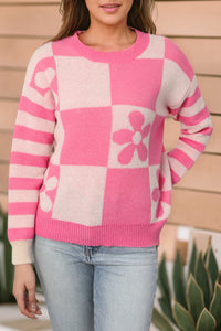 Orchid Petal Checkered Floral Print Striped Sleeve Sweater