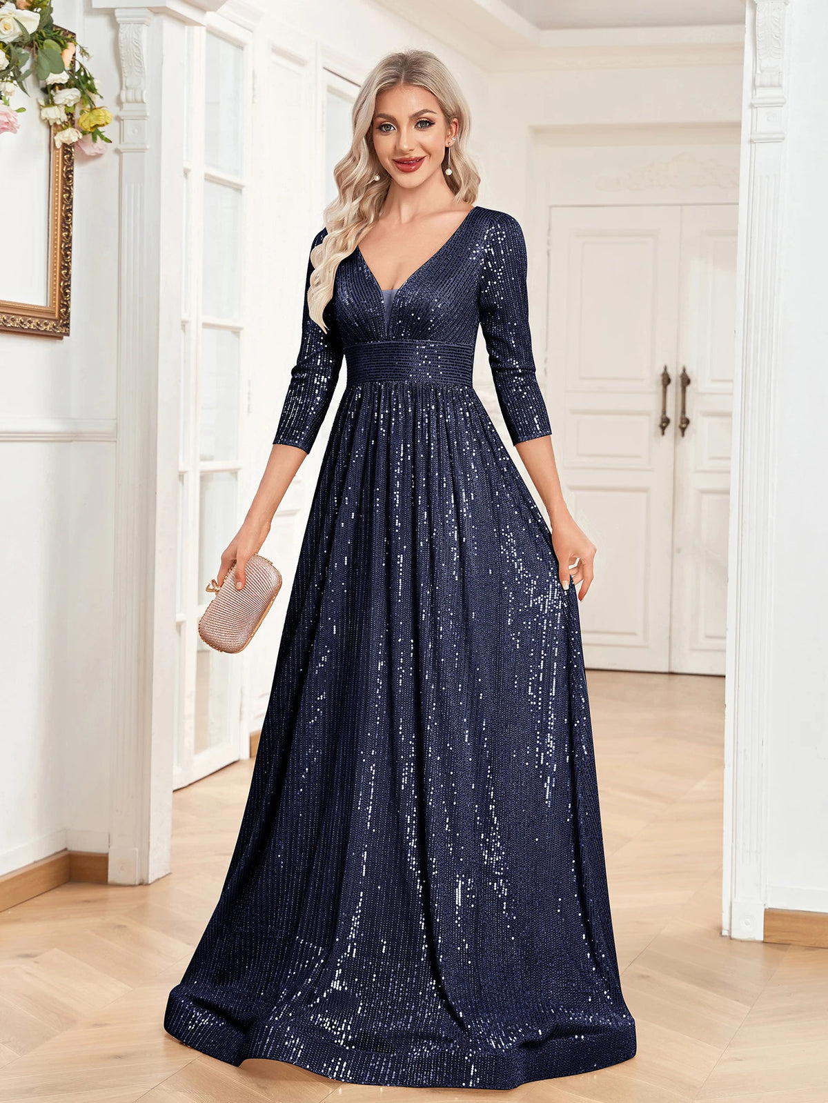 Lucyinlove Luxury V Neck Long Sleeves Blue Sequins Formal Evening Dress Women 2024 Wedding Party Prom Maxi Cocktail Dress Gowns