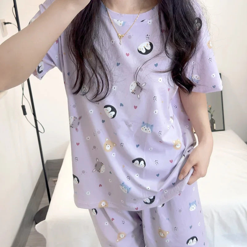 Women's Loose Round Neck Cute Kitty Homewear Pajamas Women's Simple Leisure Long Sleeve Long Pants Two-piece Suit Pajamas  Women