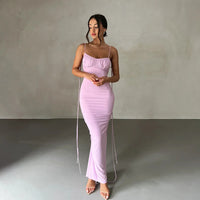 Cryptographic Spaghetti Strap Sexy Backless Maxi Dress Outfits Women Elegant Birthday Vestido Summer Club Party Ruched Dresses