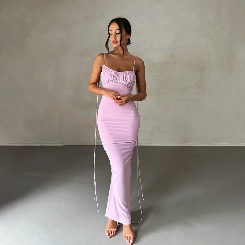 Cryptographic Spaghetti Strap Sexy Backless Maxi Dress Outfits Women Elegant Birthday Vestido Summer Club Party Ruched Dresses