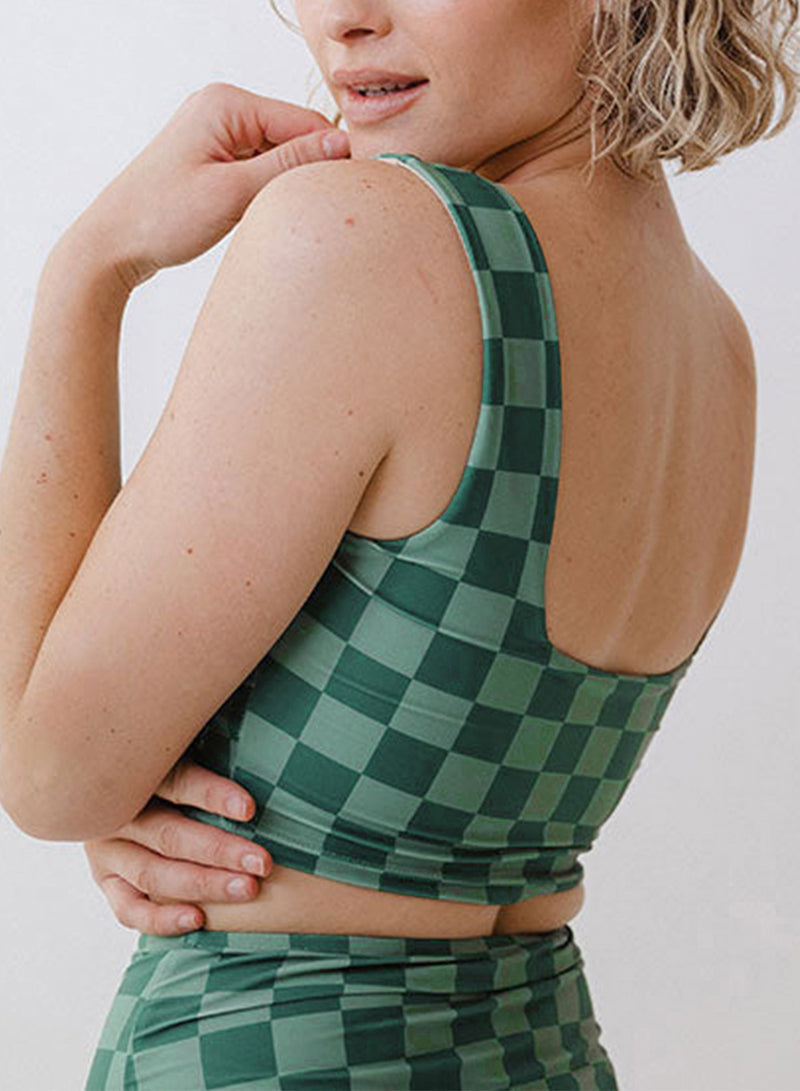 Green Checkered Print Square Neck Cropped Swim Top