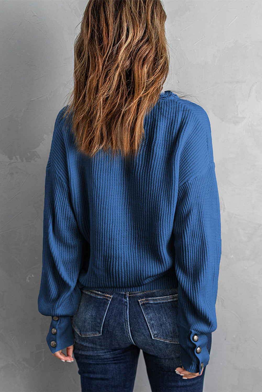 Blue Lace V Neck Knitted Pullover Sweater