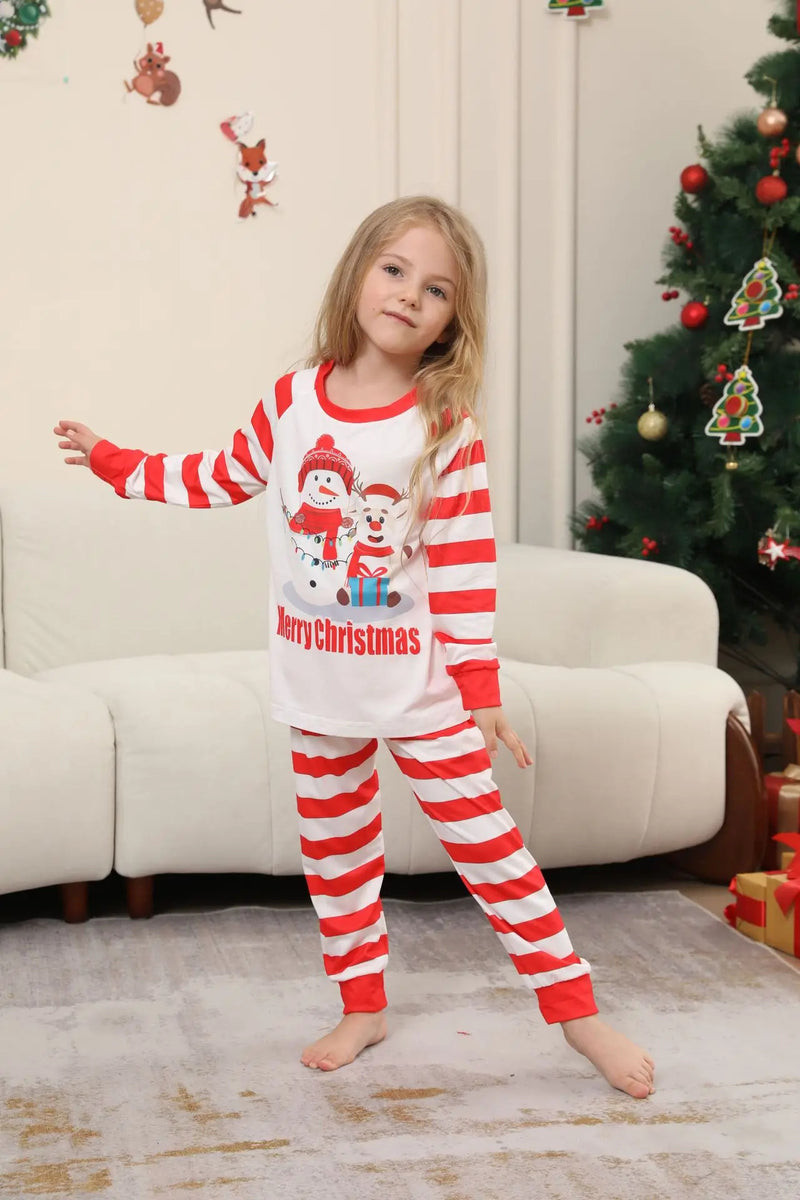 New Christmas family home dress Christmas Deer Snowman family suit red and white stripes patchwork printed pyjamas two-piece set