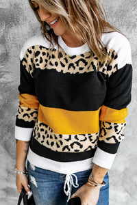 Crewneck Leopard Color Block Knit Pullover Sweater