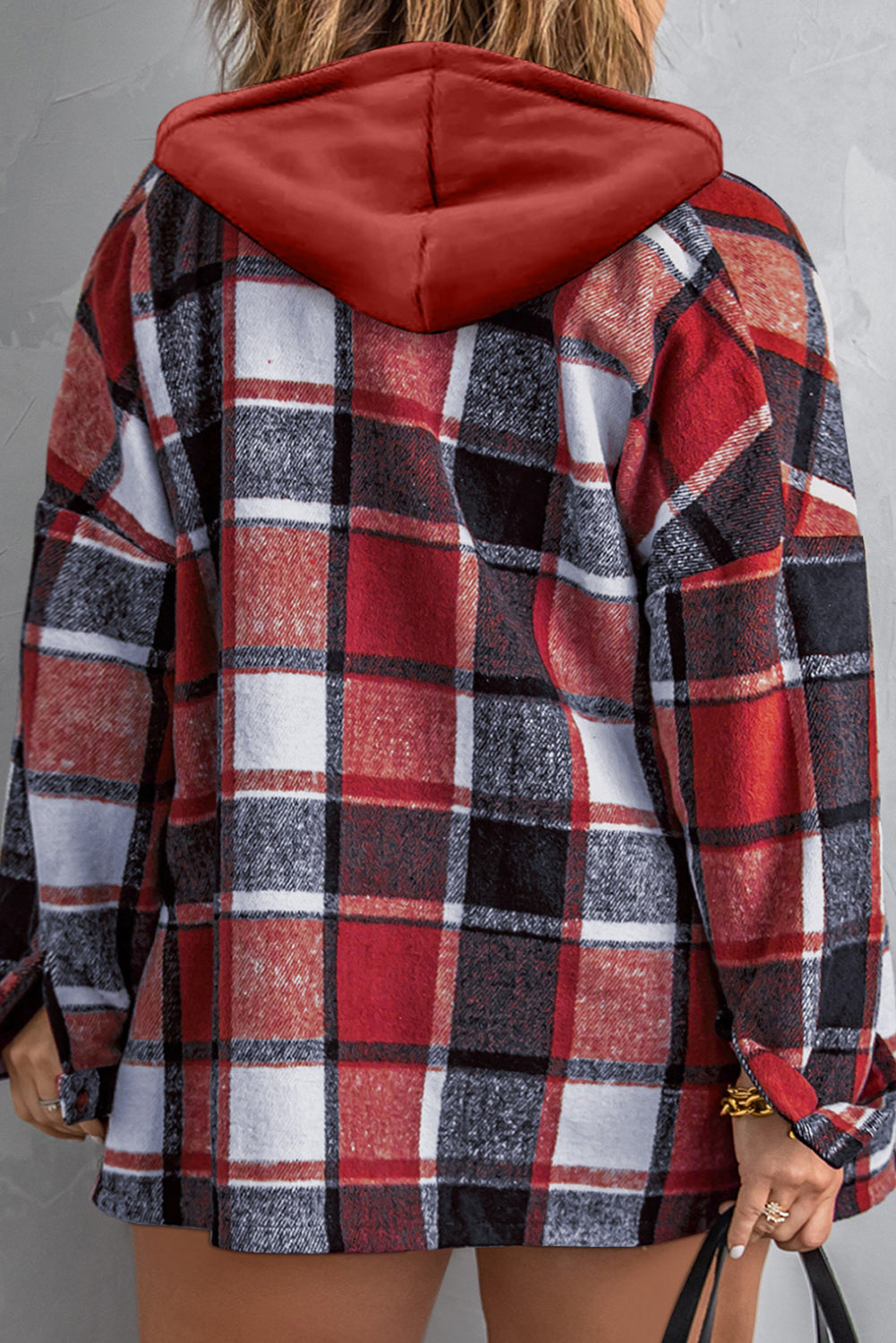 Red Printed Plus Size Plaid Button up Hooded Jacket