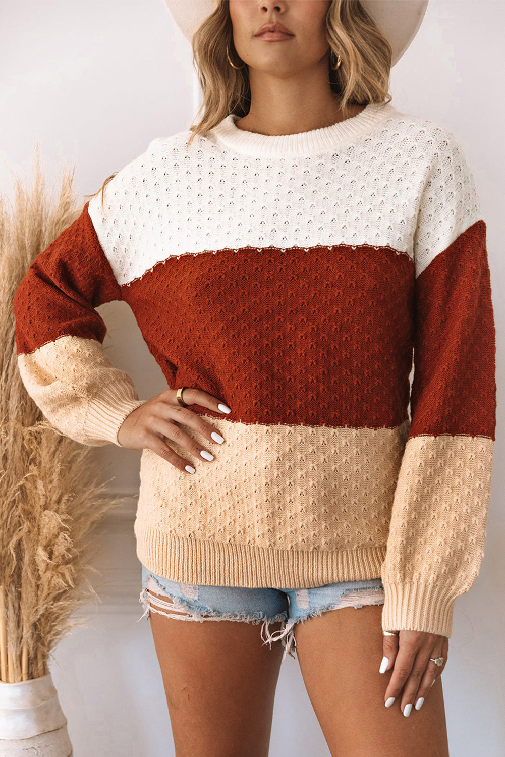 Brown Geometric Texture Colorblock Sweater