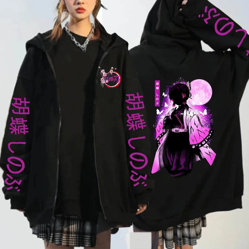 Anime Kochou Shinobu Zipper Hoodie Manga Winter Autumn Casual Jacket Sweatshirt Harajuku Demon Slayer Kimetsu No Yaiba Coats