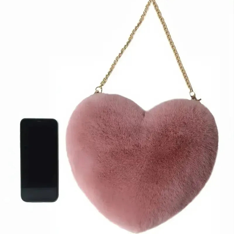 Heart Shaped Fluffy Shoulder Bag Fashion Chain Crossbody Bag Plush Handbag Cute Zipper Purse For Valentine's Day