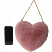 Heart Shaped Fluffy Shoulder Bag Fashion Chain Crossbody Bag Plush Handbag Cute Zipper Purse For Valentine's Day