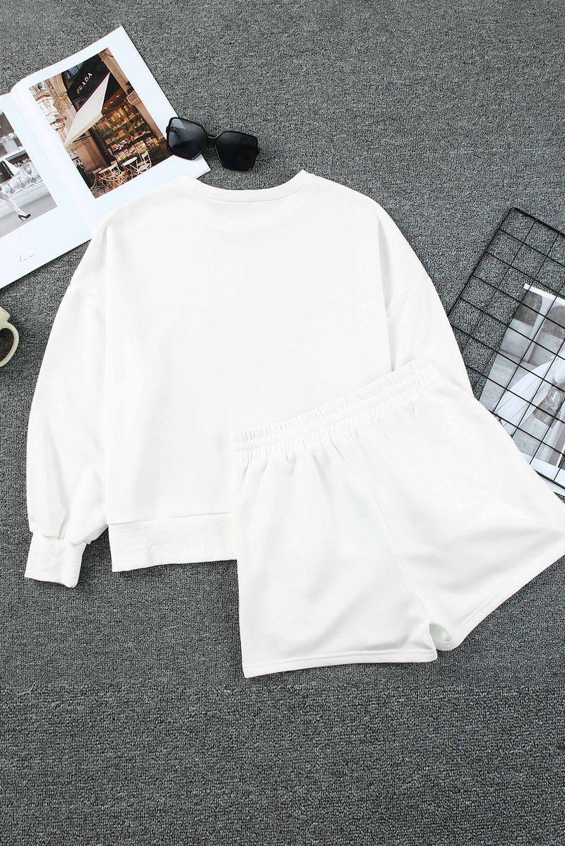 White PUMPKIN Flocking Graphic Pullover Sweatshirt and Shorts Set