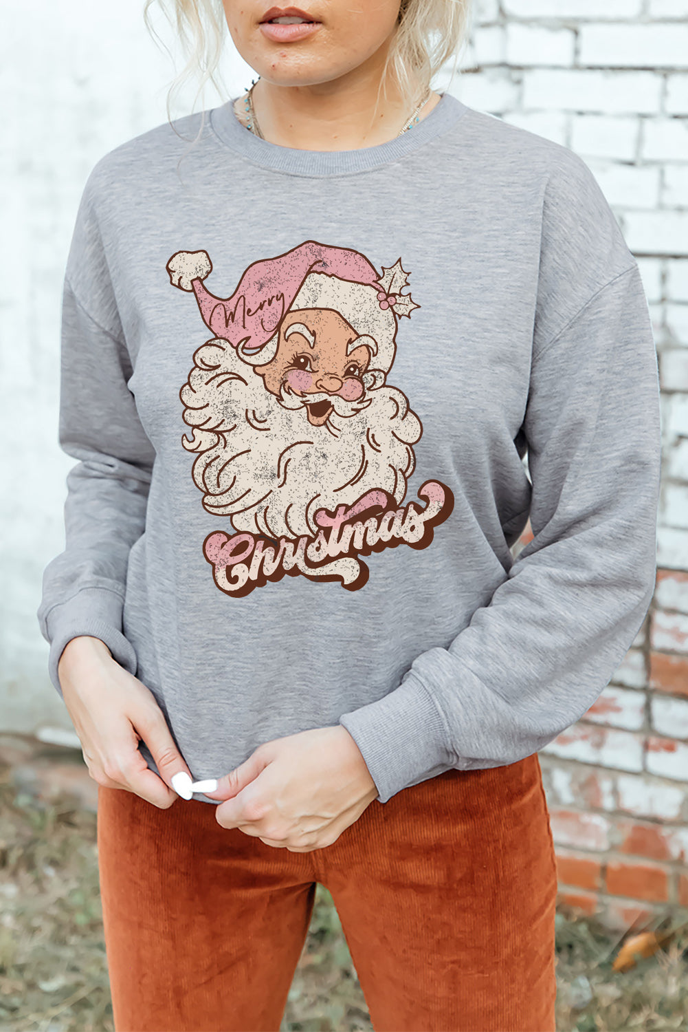 Gray Christmas Santa Claus Graphic Sweatshirt