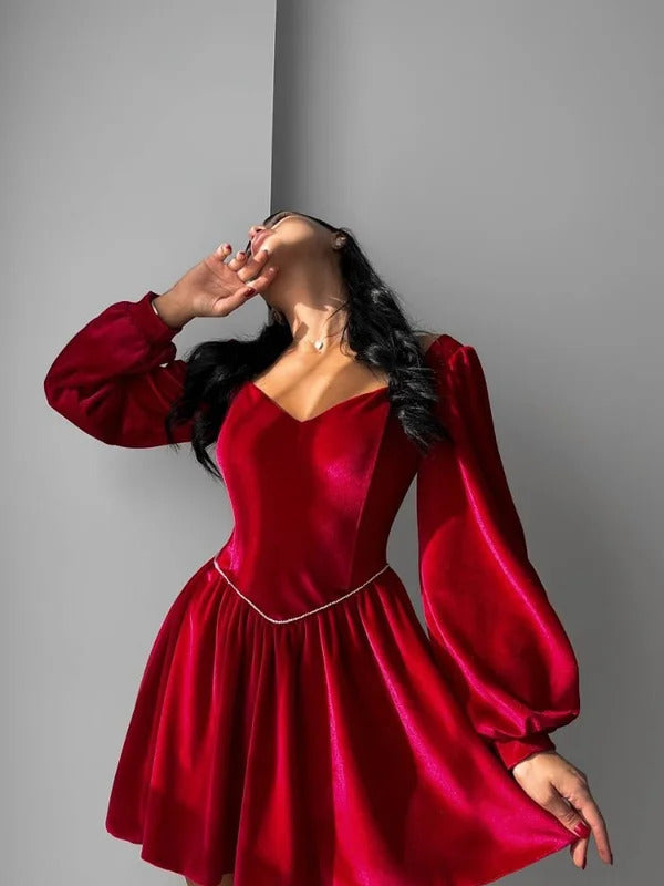 Elegant Velvet Strapless Mini Dresses Women Solid Off Shoulder Long Sleeved Dress Female 2025 Autumn Chic Evening Party Robes