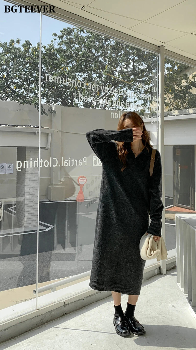 BGTEEVER Casual Thicken Warm Loose Sweater Dress Women Autumn Winter Lapel Full Sleeve Solid Long Knitted Dress Female vestidos