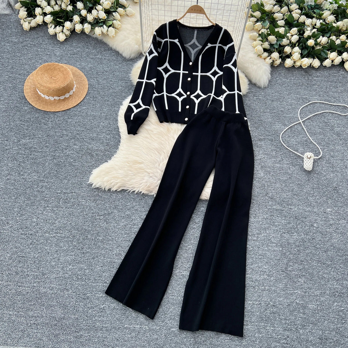 SINGREINY Basics Print Knit Two Pieces Sets Autumn Winter Single Breasted Cardigan+Wide Leg Long Pants Fashion Streetwear Suits