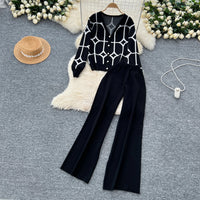 SINGREINY Basics Print Knit Two Pieces Sets Autumn Winter Single Breasted Cardigan+Wide Leg Long Pants Fashion Streetwear Suits