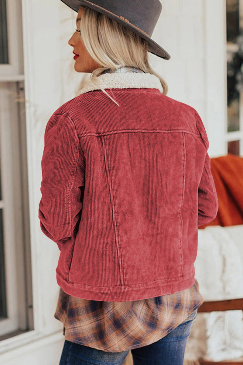 Fiery Red Corduroy Sherpa Snap Button Flap Jacket