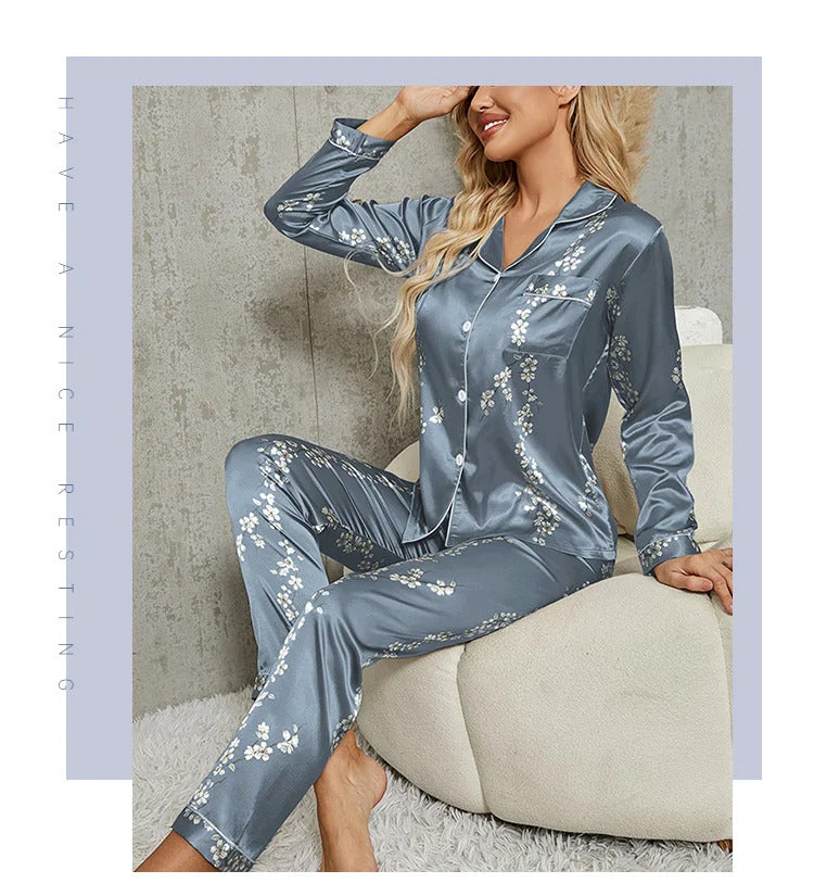 Pajamas Set Long Sleeve Sleepwear Women Button Down Nightwear Pj Sets Print Shirt with Trouser Loungewear Female Pyjamas Suits