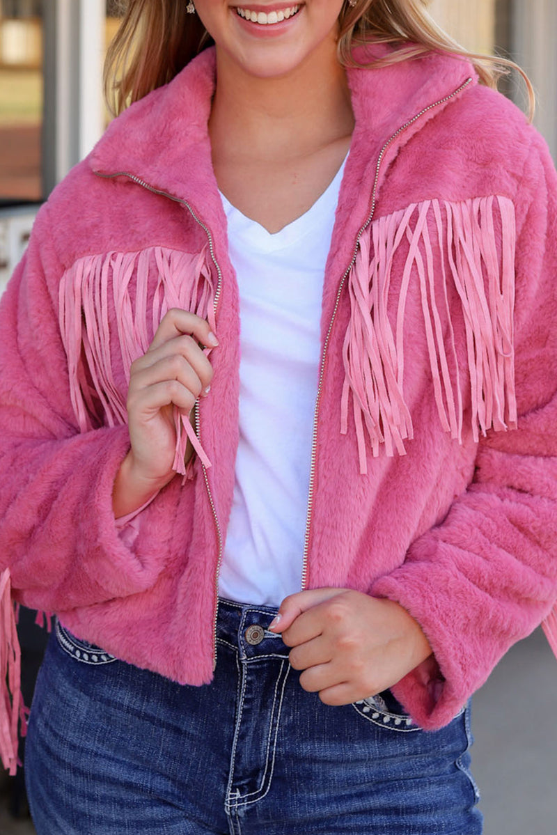 Fringed Full Zipper Fleece Jacket