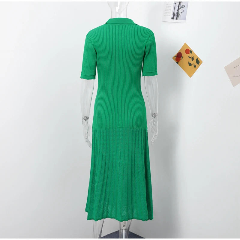 Elegant Knitted Ribbed Long Dress Women Slim Wave O-neck Short Sleeve Hip Package Dresses Female 2024 Summer Lady  Robe