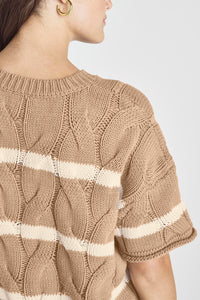 Dark Khaki Striped Cable Short Sleeve Sweater