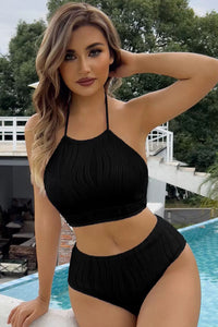 Black Textured O Ring Connected Halter Backless Bikinis