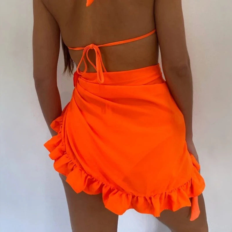 Women Chiffon See-Through Beach Bikini Cover Up Wrap Scarf Swimwear Pareo Sarong Dress Solid Ruffle Casual Beach Dress Decorate