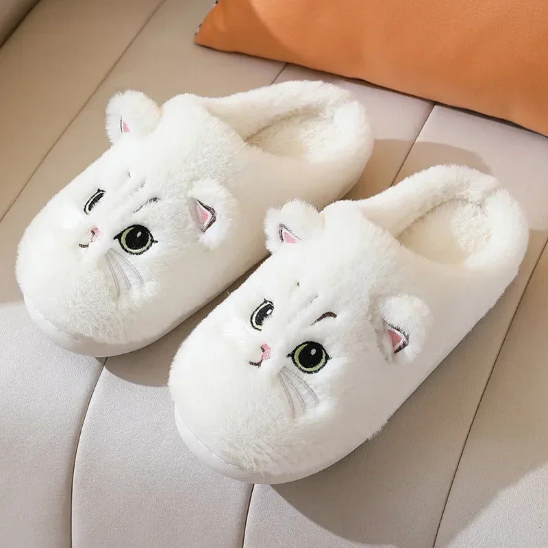 Cute Cat Slippers Fluffy Furry Women Home Platform Slippers Men Winter Plush Slides Indoor Fuzzy Slippers Lovely Cotton Shoes