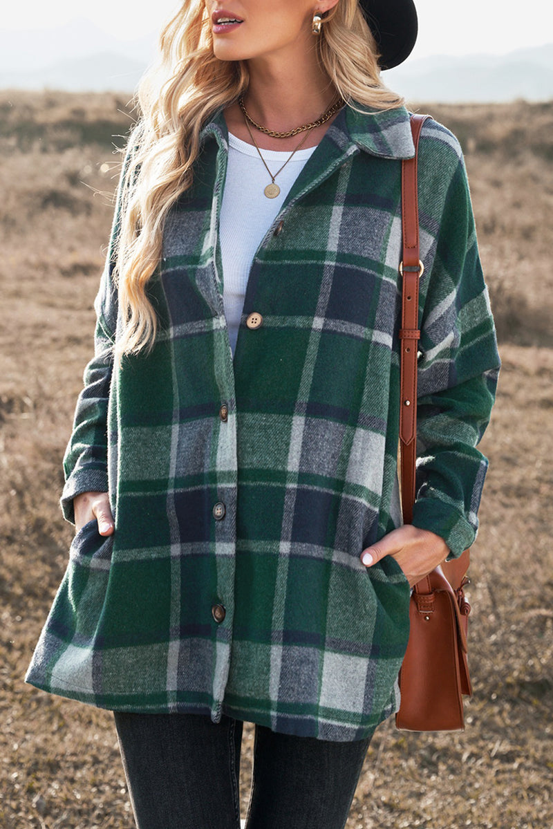 Green Plaid Print Buttoned Shirt Jacket