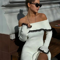 Mingmingxi Autumn Off The Shoulder Sweater Dress 2024 Elegant Long Sleeve Knitted Dress Sexy Causal Warm White Dress Women