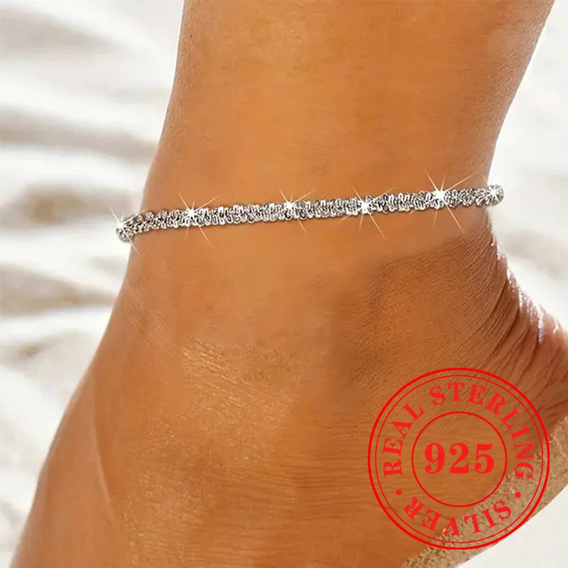 Huitan 925 Sterling Silver Snake Chain Anklets for Women Summer Shiny Creative Fine Jewelry Fashion Exquisite Feet Accessories