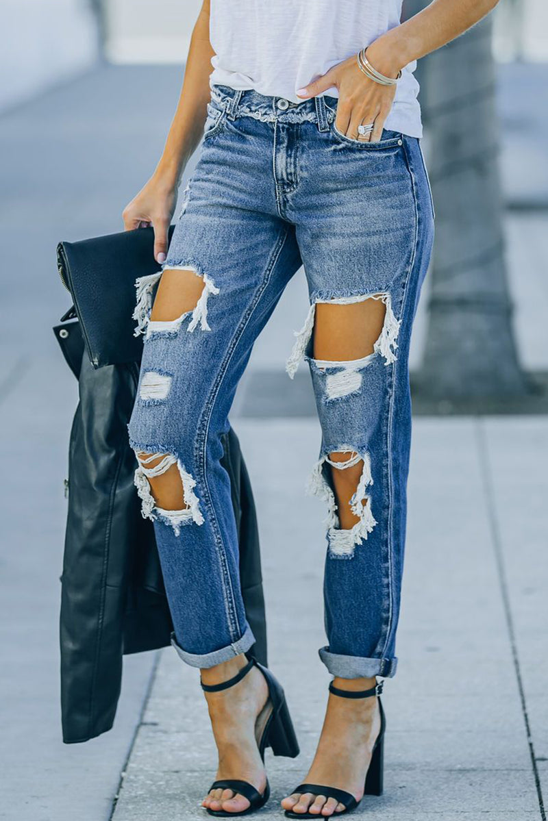 Sky Blue Cut Out Straight Leg Distressed Boyfriend Jeans