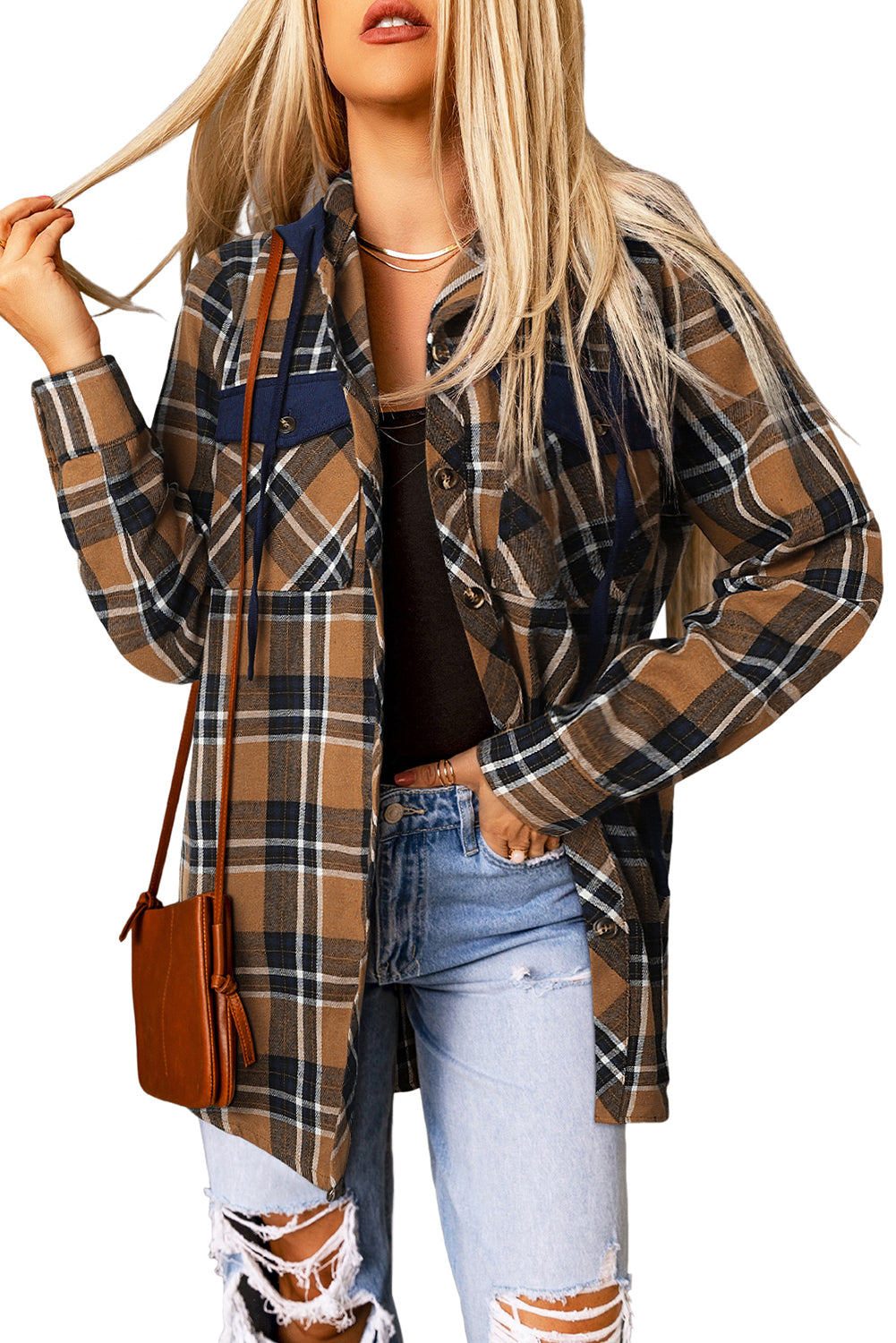 Bluing Contrast Hooded Drawstring Plaid Shacket