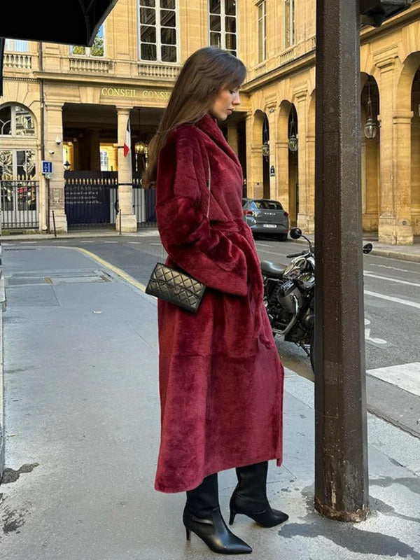 Burgundy Reversible Warm Faux Fur Leather Long Coat Elegant Women Belted Lapel Full Sleeve Overcoat 2024 Lady Thick Streetwear ﻿