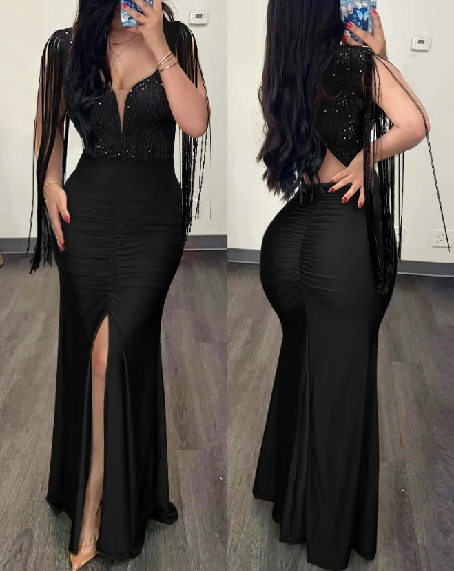 Elegant Evening Party Dresses for Women Sexy Contrast Sequin Ruched Slit Evening Dress 2023 New Fashion Casual Female Clothing