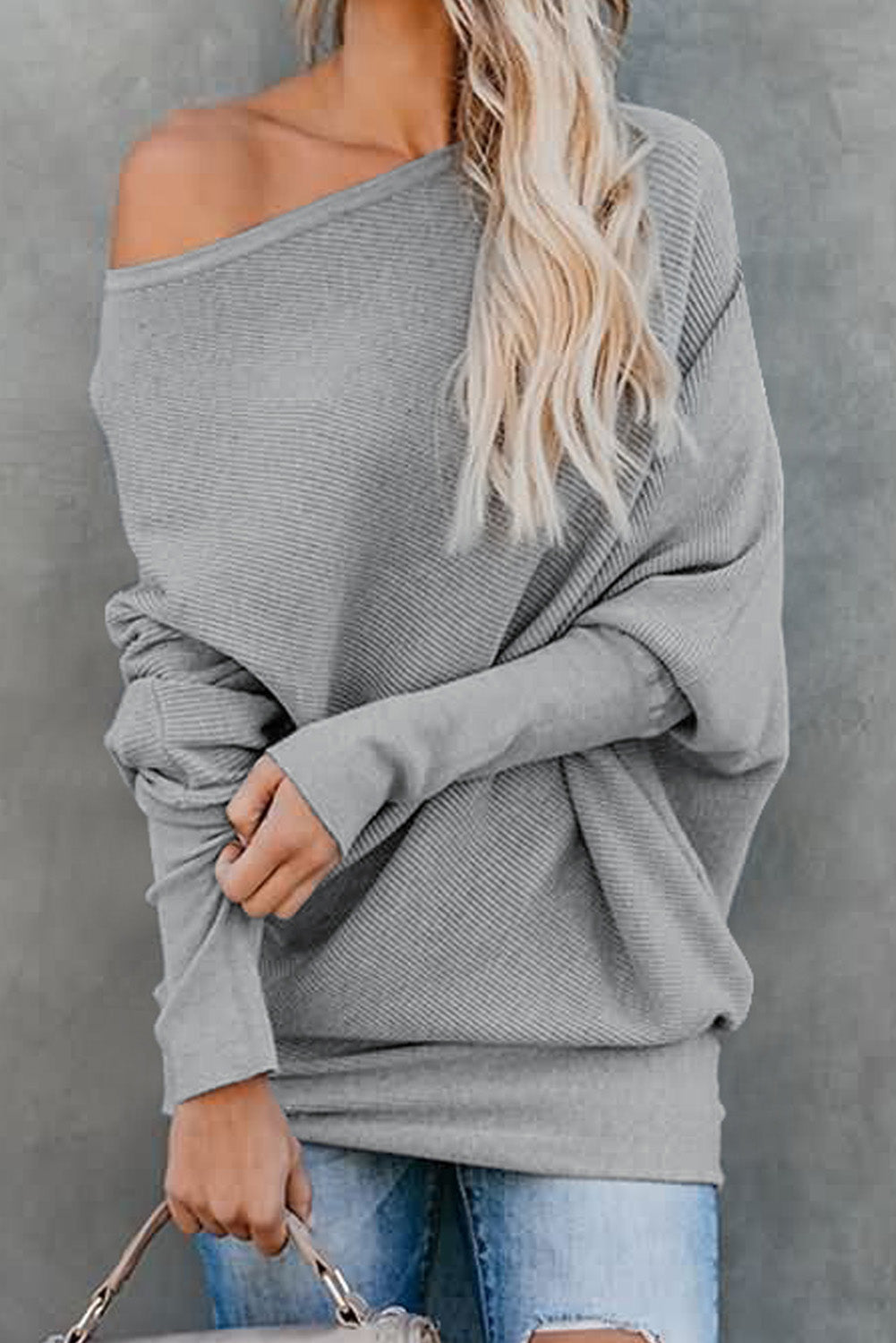 Gray Slouchy One Shoulder Dolman Sleeves Ribbed Sweater