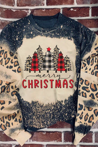 Black Merry Christmas Multi Tree Print Leopard Sleeve Sweatshirt