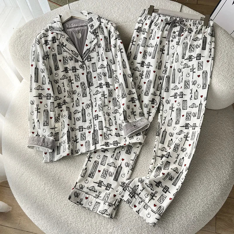 100% Cotton Pajamas for Women Loose Cartoon Long Sleeve Pants Loungewear Women 2 Piece Set Pj Women Outfit Sleepwear Set Pijamas