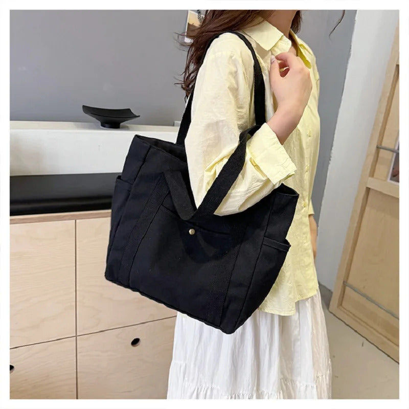 Preppy Style Shoulder Bag Unisex Large Capacity HandBag Casual Versatile Solid Canvas Bag Student Commuting Zipper Square Bag