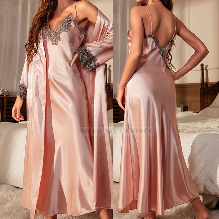 Female Long Twinset Robe Set Nightgown Spring Summer Kimono Bathrobe Gown Sexy Lace Trim Nightdress Satin Home Wear Loungewear