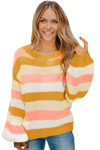 Yellow Striped Puff Sleeve Knitted Pullover Sweater