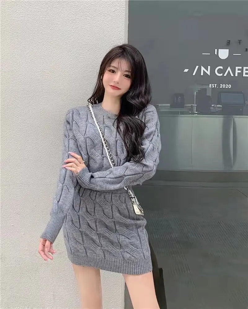 Two Piece OF Pullover Autumn/Winter Knitted Sweater Set Pure Desire Short Sweater Sexy Spicy Girl Arm Wrap Skirt Sweater Female