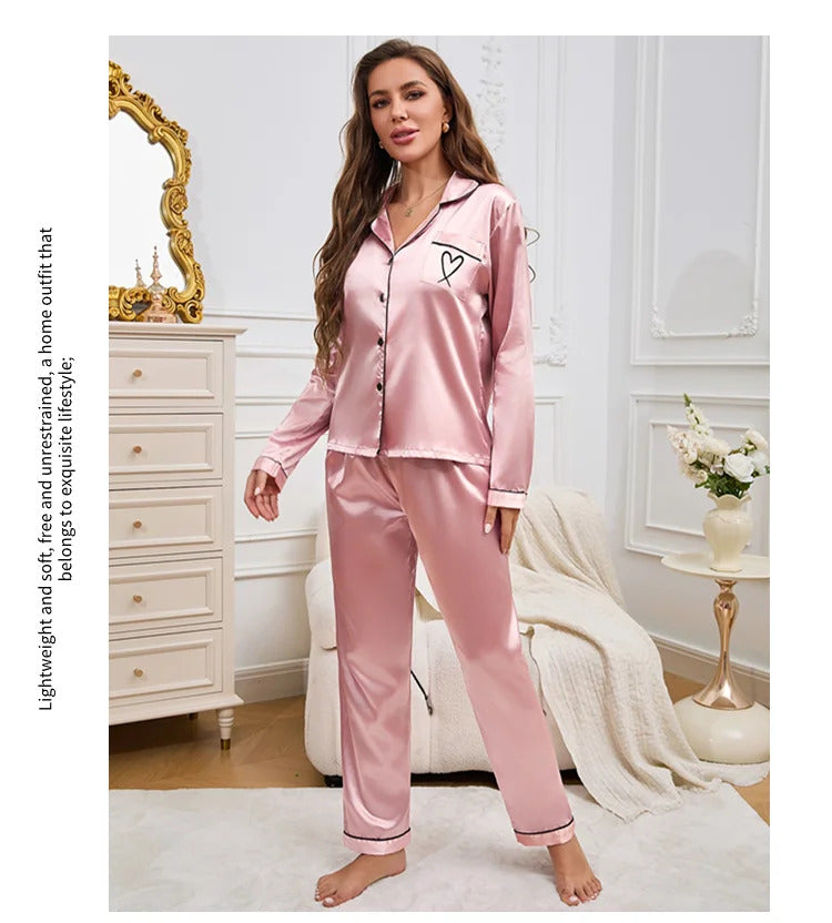 Autumn Satin Pajama for Women Heart-shaped Embroidery Sleepwear & Loungewear Long Sleeve Top & Pants Home Clothes Pyjama 2 Piece