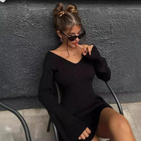 Talenza Knitted Off Shoulder V Neck Mini Dress Women's Sexy High Waist Long Sleeve Dress White Knitted Sweater Dress Robe Women