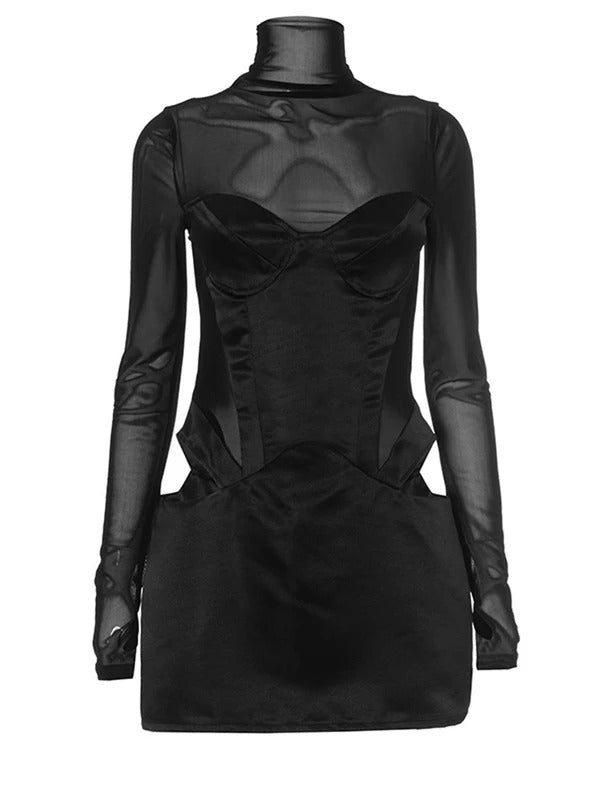 Sexy Mesh Turtleneck Long Sleeve Satin Cut Out Mini Dress Women Pullover Bodycon Short Club Evening Dresses Fashion Party Wear