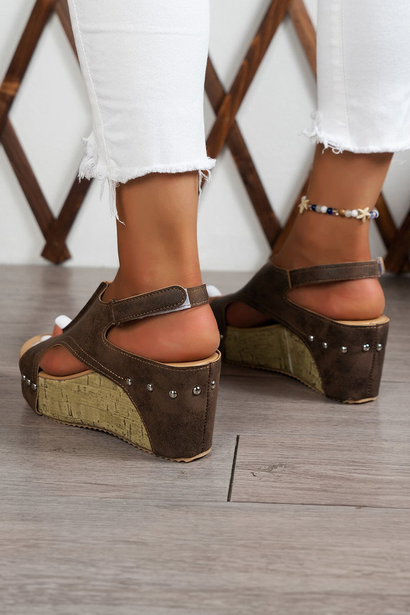 Chestnut Suede Patched Studded Cut Out Wedge Sandals