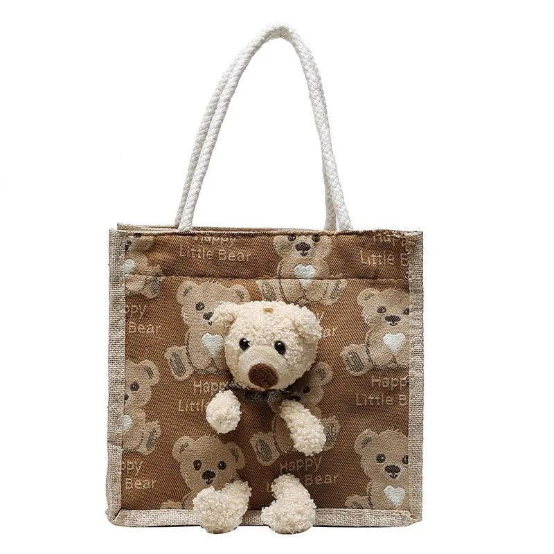 Cute Bear Tote Bag Canvas Girls Bag Student Coin Purse Gift Bag Simple Fashion Canvas Bag Canvas Bag Hand Shopping Tote Bag-ll